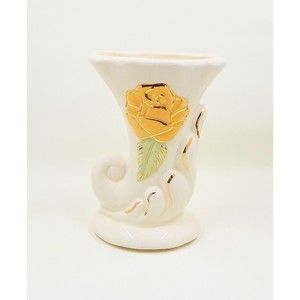 Cornucopia Vase Yellow Rose Gold Trimmed Ceramic USA
